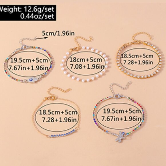 3/$35 5-Piece Charm Bracelet Set Set Evil Eye Dragonfly Pearl Rhinestone Chains - Picture 6 of 8
